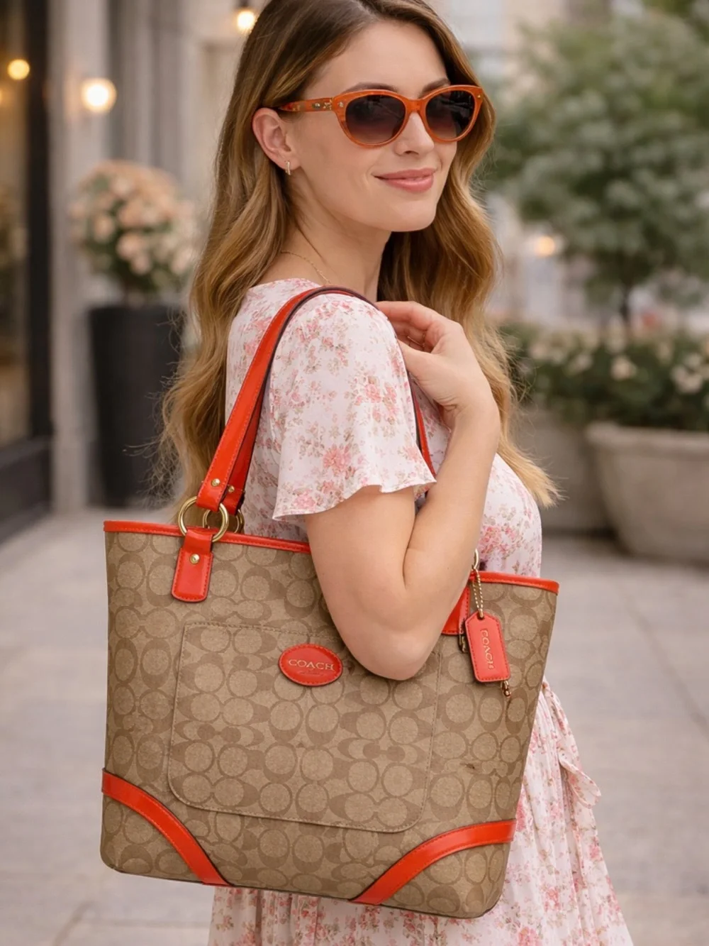 Coach Peyton Heritage Tote Shoulder Bag Khaki & Coral/Red Pomegranate Trim
